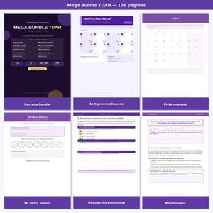 May include: A digital bundle with a purple and white theme, featuring pages with the text "MEGA BUNDLE TDAH". The bundle includes sections on anti-procrastination, a monthly calendar, and emotional regulation. The bundle has 136 pages.