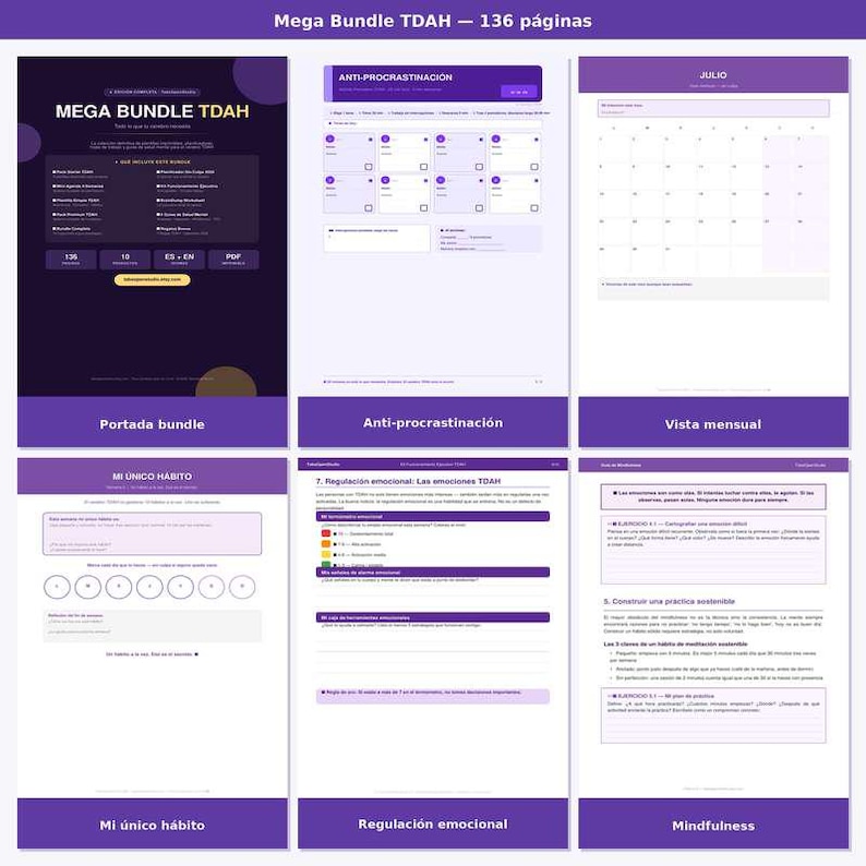 May include: A digital bundle with a purple and white theme, featuring pages with the text "MEGA BUNDLE TDAH". The bundle includes sections on anti-procrastination, a monthly calendar, and emotional regulation. The bundle has 136 pages.
