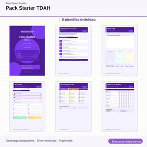 May include: A digital pack titled "Pack Starter TDAH" with a purple and white design. The pack includes five printable templates for organization and tracking, with the text "Descarga instant&aacute;nea" at the bottom. The templates include a welcome page, brain dump, and habit tracker.