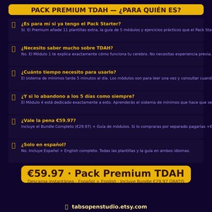 May include: A digital product advertisement with a dark purple background and yellow text boxes. The text includes questions and answers about the product, such as "Is it for me if I already have the Pack Starter?" and "How long do I need to use it?" The product name is "Pack Premium TDAH."