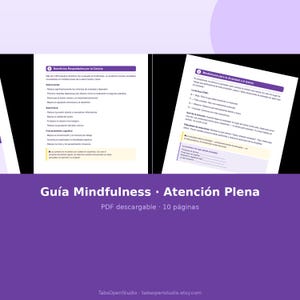 May include: A PDF guide titled "Gu&iacute;a Mindfulness &bull; Atenci&oacute;n Plena" in Spanish, with a purple background. The guide includes text and bullet points about mindfulness and anxiety. The Etsy shop name "TabsOpenStudio" is at the bottom.