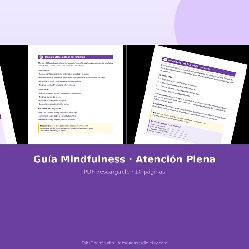 May include: A PDF guide titled "Gu&iacute;a Mindfulness &bull; Atenci&oacute;n Plena" in Spanish, with a purple background. The guide includes text and bullet points about mindfulness and anxiety. The Etsy shop name "TabsOpenStudio" is at the bottom.