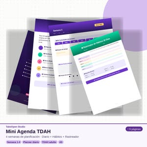 May include: A stack of white and purple planner pages with text in Spanish. The pages include sections for daily planning, habit tracking, and goal setting. The planner is designed for adults with ADHD and includes a 30-day habit tracker. The cover reads "Mini Agenda TDAH".