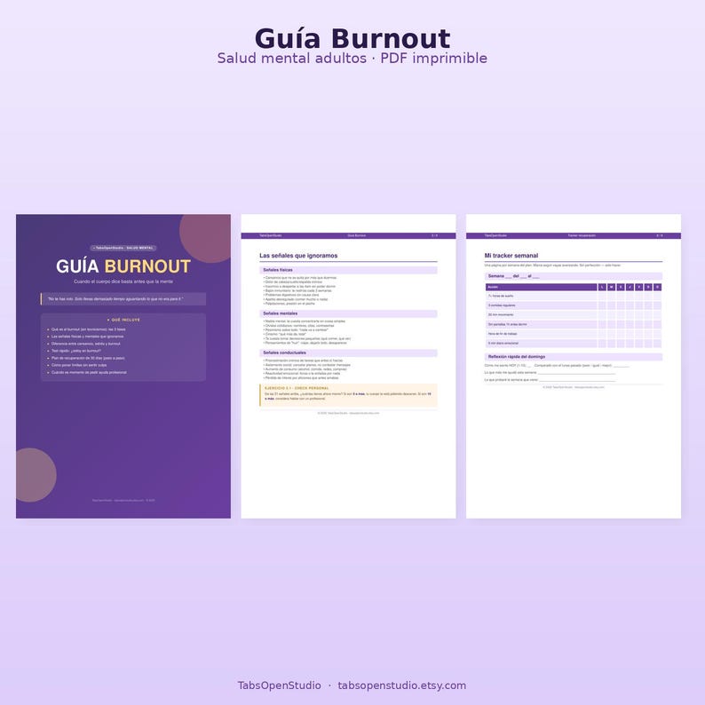 May include: A digital guide titled "Gu&iacute;a Burnout" in Spanish, designed for adult mental health. The guide includes sections on burnout signs and a weekly tracker, all in a purple and white color scheme. The text "PDF imprimible" is also visible.