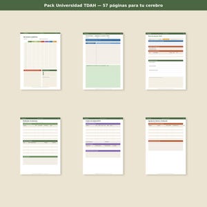 May include: A collection of six printable planner pages with a green, white, and purple color scheme. The pages include sections for weekly schedules, notes, and tracking. The text at the top reads "Pack Universidad TDAH - 57 p&aacute;ginas para tu cerebro."