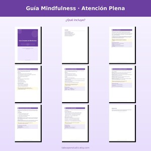 May include: A digital guide titled "Gu&iacute;a Mindfulness &bull; Atenci&oacute;n Plena" with text in Spanish. The guide is displayed as a series of pages with purple and white design elements. The pages contain text and are arranged on a light purple background.