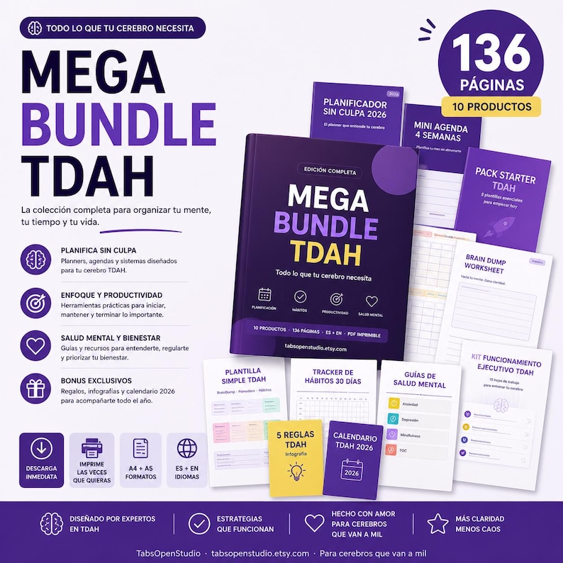 May include: A collection of digital planning tools for TDAH, including planners, worksheets, and guides. The main product is a purple book titled "MEGA BUNDLE TDAH" with the text "Todo lo que tu cerebro necesita". Other items include a 2026 calendar and a 30-day habit tracker.