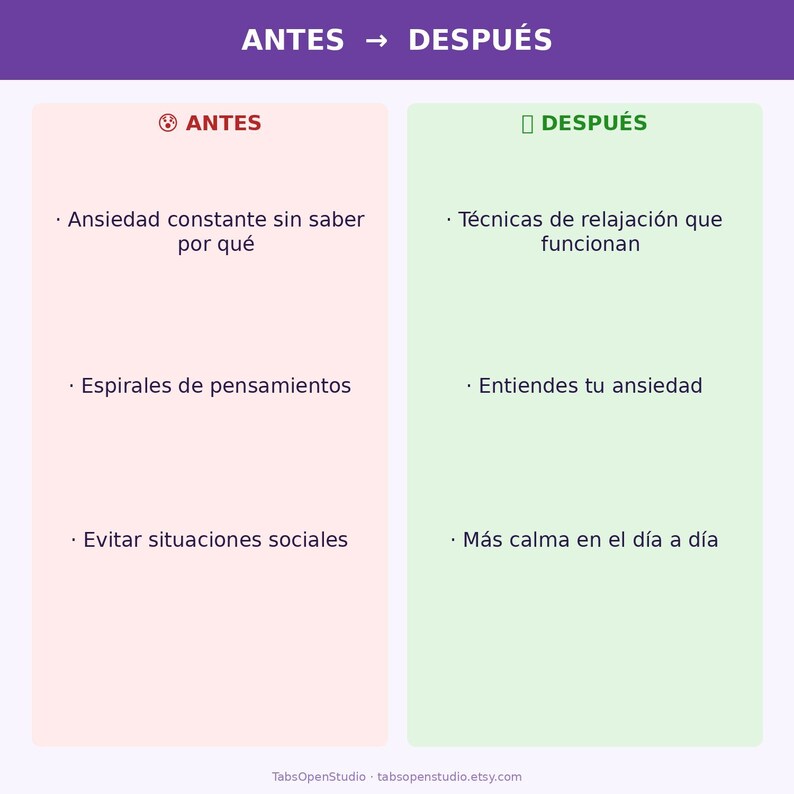May include: A graphic with the text "ANTES" and "DESPU&Eacute;S" in purple. The left side, in pink, lists "Constant anxiety without knowing why," "Thought spirals," and "Avoiding social situations." The right side, in green, lists "Relaxation techniques that work," "You understand your anxiety," and "More calm in everyday life."
