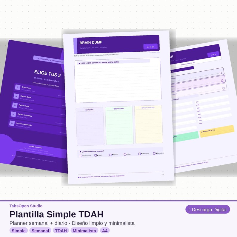 May include: Digital planner templates in purple and white. The main template is labeled "Brain Dump" with sections for notes and prioritization. Other templates include a daily planner and a list of favorite templates. The bottom of the image has the text "Plantilla Simple TDAH".