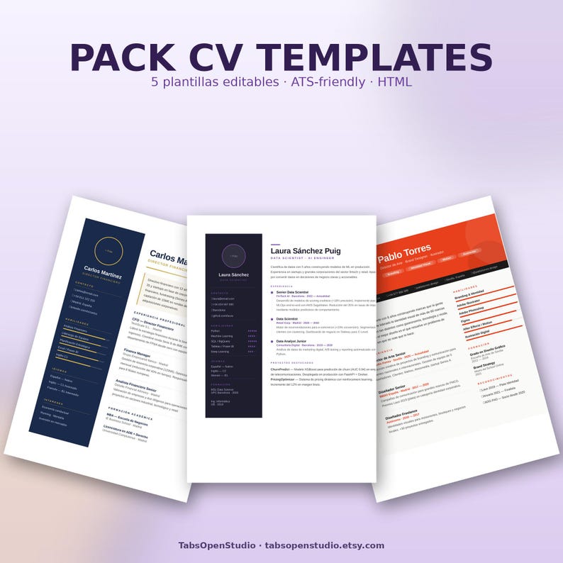 May include: A pack of CV templates with the text "PACK CV TEMPLATES" in purple. The templates are in various designs, including navy blue and orange accents. The text "5 plantillas editables ATS-friendly HTML" is also visible.