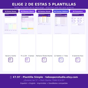 May include: Digital planner templates in a purple and white design. The image shows five different templates: Brain Dump, Planner Diario, Rutina Visual, Tracker H&aacute;bitos, and Pomodoro. Text includes "ELIGE 2 DE ESTAS 5 PLANTILLAS" and "tabsopenstudio.etsy.com".