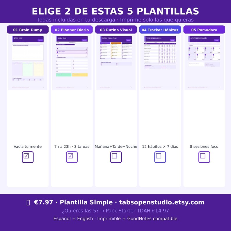 May include: Digital planner templates in a purple and white design. The image shows five different templates: Brain Dump, Planner Diario, Rutina Visual, Tracker H&aacute;bitos, and Pomodoro. Text includes "ELIGE 2 DE ESTAS 5 PLANTILLAS" and "tabsopenstudio.etsy.com".