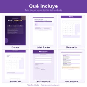 May include: A digital planner with a purple theme, showcasing various pages including a habit tracker, monthly calendar, and weekly view. Text includes "Habit Tracker," "Planner Pro," and "Gu&iacute;a Burnout."