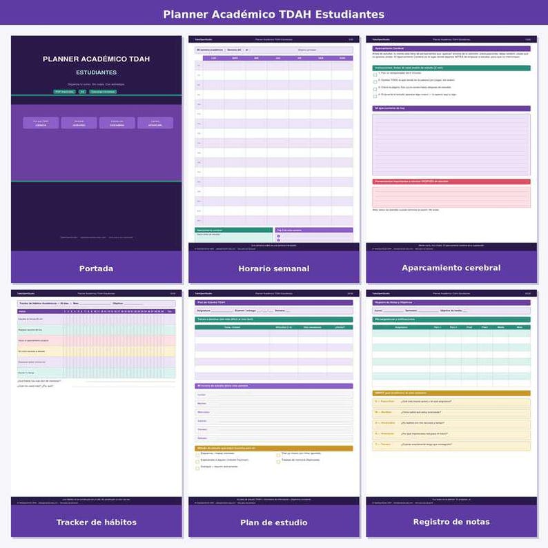 May include: A digital planner with a purple and white design, featuring sections for students with ADHD. The planner includes pages for weekly schedules, habit tracking, study plans, and note-taking. Text on the planner includes "Planner Acad&eacute;mico TDAH Estudiantes".