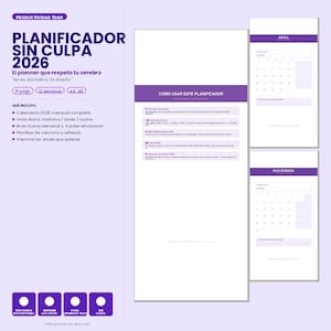 May include: A digital planner with the title "PLANIFICADOR SIN CULPA 2026" in purple and white. The planner includes a monthly calendar, daily views, and a brain dump tracker. The text reads "El planner que respeta tu cerebro".