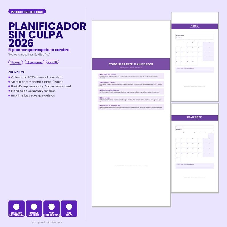 May include: A digital planner with the title "PLANIFICADOR SIN CULPA 2026" in purple and white. The planner includes a monthly calendar, daily views, and a brain dump tracker. The text reads "El planner que respeta tu cerebro".