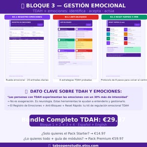 May include: A digital product bundle with the title "BLOQUE 3 - GESTI&Oacute;N EMOCIONAL" in Spanish. The bundle includes resources for managing emotions related to ADHD, with sections on emotional registration, anti-blockage, and a 5-minute reset protocol. The price is &euro;29.97.