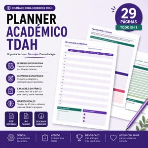 May include: A planner designed for ADHD brains, featuring a purple and white design with the text "PLANNER ACAD&Eacute;MICO TDAH". It includes sections for weekly schedules, exam preparation, and habit tracking. The planner is A4 size and available for immediate download.