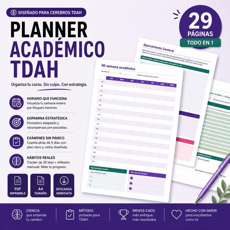 May include: A planner designed for ADHD brains, featuring a purple and white design with the text "PLANNER ACAD&Eacute;MICO TDAH". It includes sections for weekly schedules, exam preparation, and habit tracking. The planner is A4 size and available for immediate download.