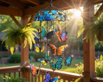 Gebrandschilderd glas vlinder windgong – iriserende zonne-spinner met bellen