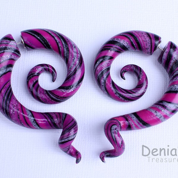 Fake Gauge Earrings, Fake gauges, Purple Stripes, - Purple Lollipop - Polymer Clay