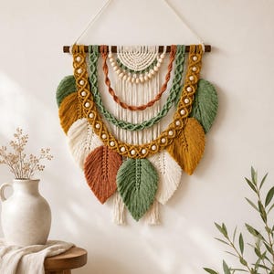 Boho Macrame Leaf Wall Hanging, Sage Green Terracotta Fiber Art, Beaded Wall Decor, Small Woven Tapestry for Nursery Bedroom Apartment Dorm