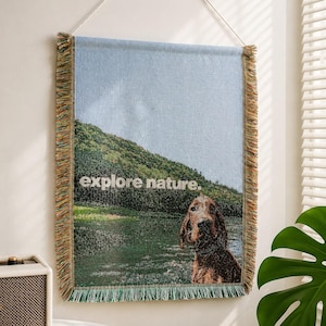 Explore Nature Dog Tapestry Wall Hanging Boho Landscape Fabric Wall Art With Wooden Rod Included Rustic Cottage Home Decor Gift