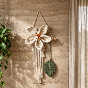 Tapiz floral de macramé estilo boho, arte botánico tejido en fibra, decoración moderna de tapiz floral, arte de pared hecho a mano para guardería con encanto de hojas verdes