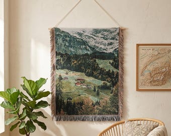 Geweven bergtapijt, muurhangend alpendorp, Cottagecore-kamerdecor Esthetisch, schilderachtige natuur dekenkunst, boombos deken