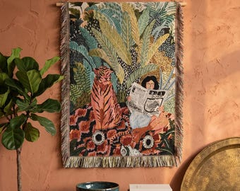 Gobelin z motywem tygrysa, ścienna dekoracja z motywem zielonej dżungli, wystrój w stylu vintage, sztuka botaniczna i tropikalna, koc w stylu boho, prezent w stylu cottagecore