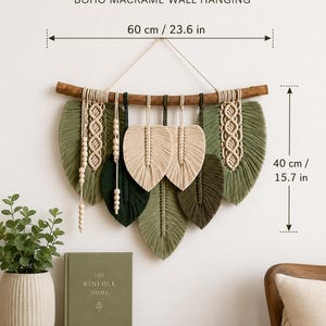 Boho makramé-lövväggbonad, grön botanisk fiberkonst, vävd fjäderväggdekor, sovrumsgolvtapet, jordnära hemgåva, 24 x 16 tum.
