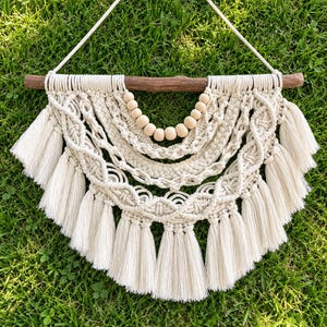 Boho Macrame Wall Hanging with Wood Beads, Small Cream Woven Tapestry, Neutral Bedroom Wall Decor, Nursery Dorm Apartment Gift 19.7x15.7 in.