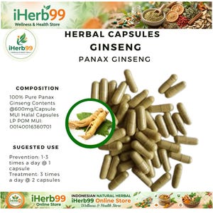 Può includere: Immagine di capsule a base di erbe, etichettate come "Ginseng Panax Ginseng". Le capsule sono di colore verde chiaro e sono disposte su uno sfondo bianco. L'immagine include anche testo che descrive la composizione e l'uso suggerito.