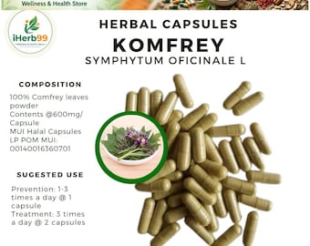 Cápsulas de consuelda orgánica pura (Symphytum officinale L): suplemento herbal silvestre de Indonesia.