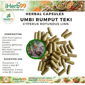 Può includere: Immagine di capsule a base di erbe con la scritta "UMBI RUMPUT TEKI CYPERUS ROTUNDUS LINN". Le capsule sono di colore verde chiaro e sono sparse nell'immagine. L'immagine include anche testo sulla composizione e l'uso suggerito.
