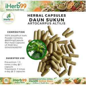 May include: An image of herbal capsules labeled "DAUN SUKUN ARTOCARPUS ALTILIS". The capsules are a light green color and are scattered across the image. The text also includes information about the composition and suggested use of the capsules.
