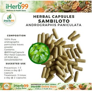 May include: An image showcases herbal capsules with the name "Sambilo" and "Andrographis Paniculata". The capsules are green and are accompanied by a green plant image and text detailing the composition and suggested use. Each capsule contains 600mg of powder.