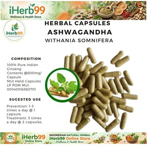 Puede incluir: Imagen de c&aacute;psulas herbales de Ashwagandha. Las c&aacute;psulas son de color marr&oacute;n claro y est&aacute;n dispersas por toda la imagen. El texto de la imagen dice "HERBAL CAPSULES ASHWAGANDHA WITHANIA SOMNIFERA". La imagen tambi&eacute;n incluye texto sobre la composici&oacute;n y el uso sugerido.
