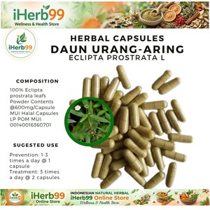 May include: Image of herbal capsules, "DAUN URANG-ARING ECLIPTA PROSTRATA L". The capsules are light green and scattered. Text provides details on composition and suggested use. The product is from iHerb99, a wellness and health store.