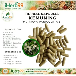 Op de afbeelding: Een afbeelding van kruidencapsules met het label "KEMUNING MURRAYA PANICULATA L.". De capsules zijn lichtgroen van kleur en verspreid over de afbeelding. De afbeelding bevat ook tekst over de samenstelling en het voorgestelde gebruik van de capsules.
