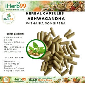 Puede incluir: Imagen de c&aacute;psulas herbales etiquetadas como "Ashwagandha Withania Somnifera". Las c&aacute;psulas son de color marr&oacute;n claro y est&aacute;n dispersas. La imagen incluye texto sobre la composici&oacute;n y el uso sugerido.