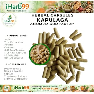 Puede incluir: Imagen de cápsulas de hierbas etiquetadas como "KAPULAGA AMOMUM COMPACTUM". Las cápsulas son de color verde claro y están dispersas sobre un fondo blanco. La imagen también incluye texto sobre la composición y el uso sugerido.