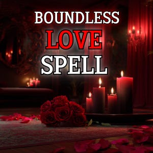 Puede incluir: Imagen con el texto "BOUNDLESS LOVE SPELL" en letras blancas y rojas. La escena incluye velas rojas encendidas, un ramo de rosas rojas y pétalos de rosa esparcidos, creando una atmósfera romántica y mística.