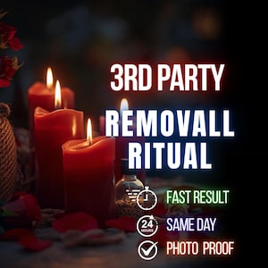 May include: Three red pillar candles with lit flames, surrounded by scattered red rose petals. Text reads: 3RD PARTY REMOVALL RITUAL, FAST RESULT, 24 HOURS, and PHOTO PROOF. A small glass bottle containing seeds or herbs sits near the candles.