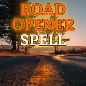May include: An image of a long, straight road receding into the distance, with the words "ROAD OPENER SPELL" in orange and white text overlaid on the image. The sky is a gradient of orange and blue.