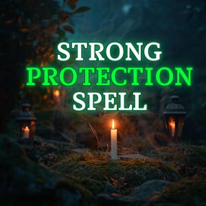 May include: A candle burns brightly in a mystical forest scene, with the words "STRONG PROTECTION SPELL" in green and white. Two lanterns with lit candles flank the central candle, creating a magical ambiance. The background is a blurred, dark forest.