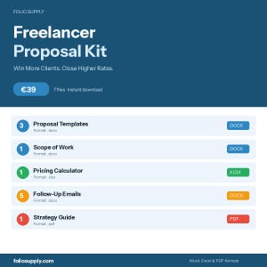 Op de afbeelding: Blauwe afbeelding met de tekst "Freelancer Proposal Kit" en de slogan "Win More Clients. Close Higher Rates." Bevat voorbeelden, werkomschrijving, een prijscalculator, follow-up e-mails en een strategie gids.