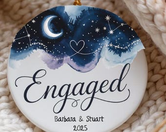 Custom engaged ornament for couple with names and year starry night engagement gift celestial wedding keepsake romantic moon decor