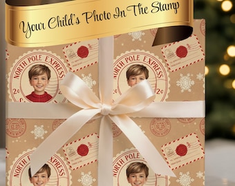 North Pole Photo Wrapping Paper: Custom Child Face Holiday Gift Wrap, Personalized Santa Postmark