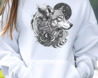 Wolf Mandela Sweatshirt Hoodie, Kosmischer Raum Grafik Unisex Kapuzenpullover, Wolf Moon Sweatshirt, Mandala Design Hoodie, Galaxy Wolf